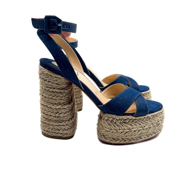 Christian Louboutin Super Mariza Denim Platform Red Bottom Espadrilles Sz 37 - Picture 1 of 12